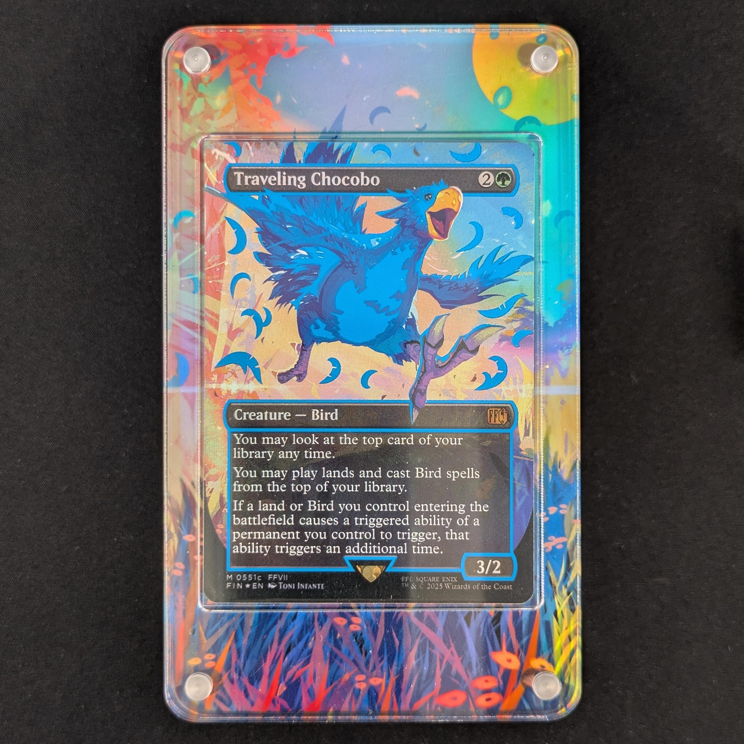 [FOIL] Traveling Chocobo (Borderless) (Neon Ink Blue) - FINAL FANTASY: Extras - English - NM - Extended Art Slab