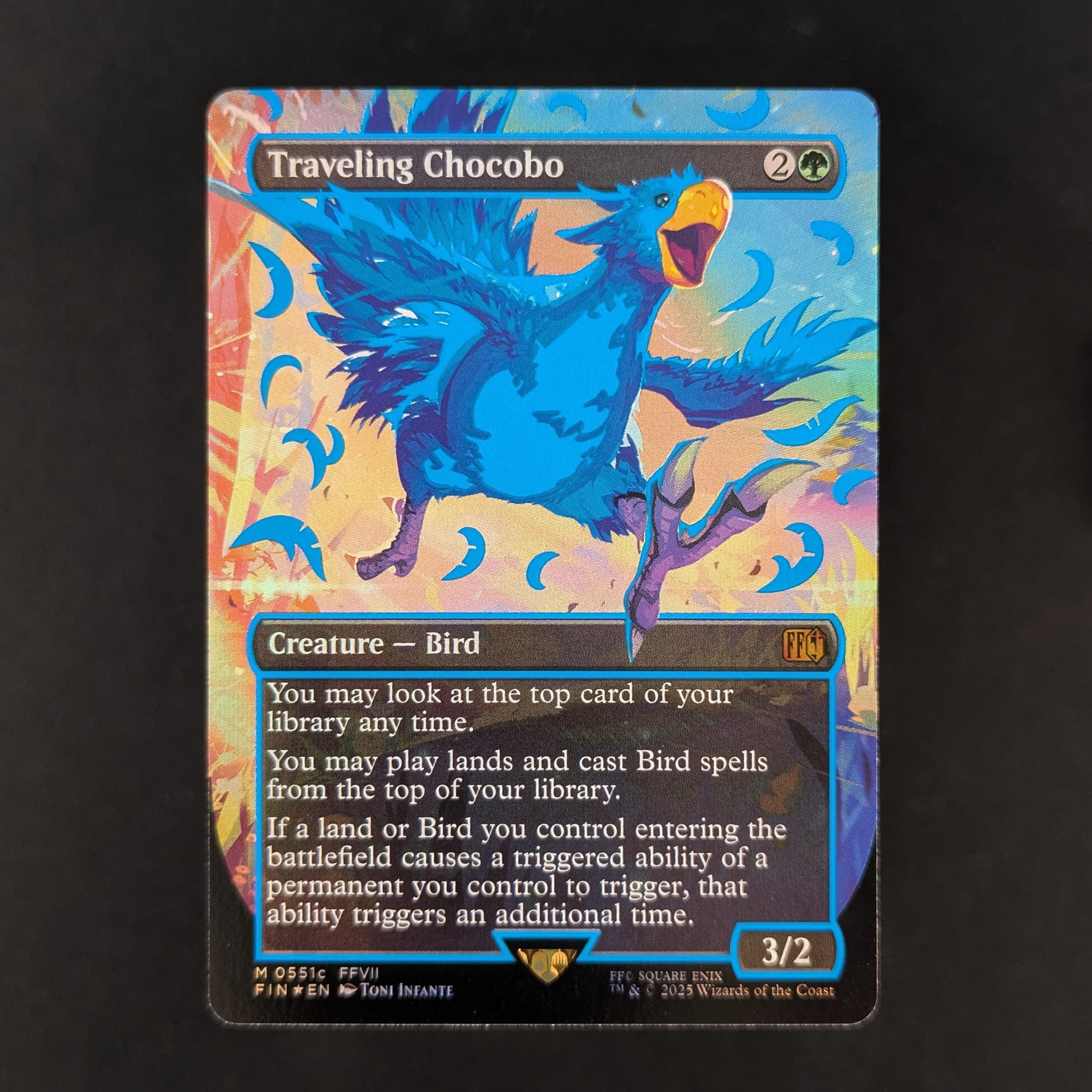 [FOIL] Traveling Chocobo (Borderless) (Neon Ink Blue) - FINAL FANTASY: Extras - English - NM - Extended Art Slab