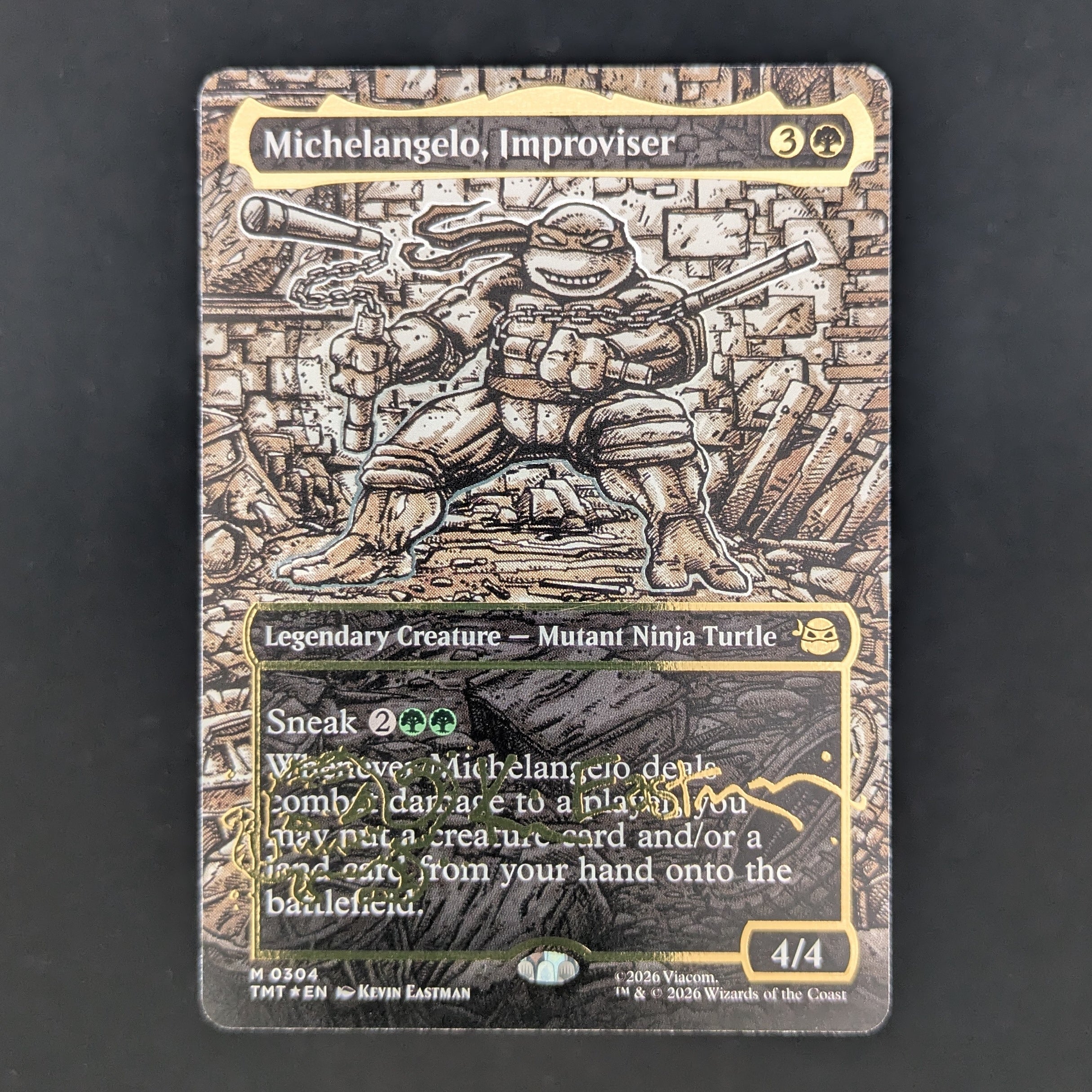 [FOIL] Michelangelo, Improviser (Borderless) (Gold-Stamped Signature) - Teenage Mutant Ninja Turtles: Extras - English - NM