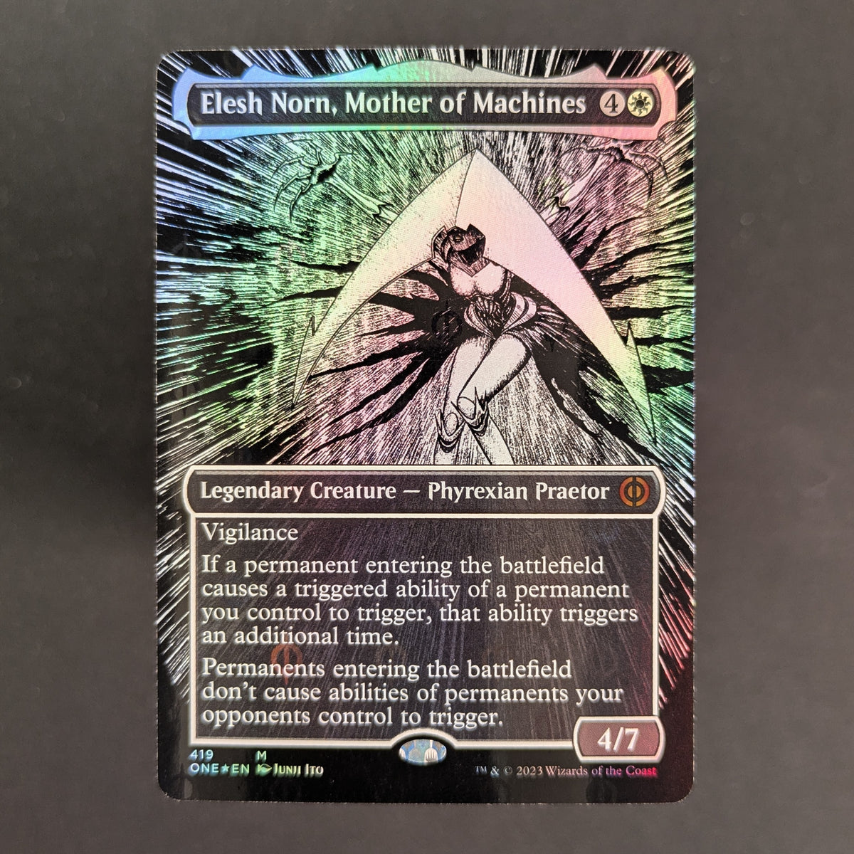 MTG Singles - [FOIL] Elesh Norn, Mother of Machines (Borderless) (Step-and-Compleat Foil) - Phyrexia: All Will Be One: Extras - English - NM - 